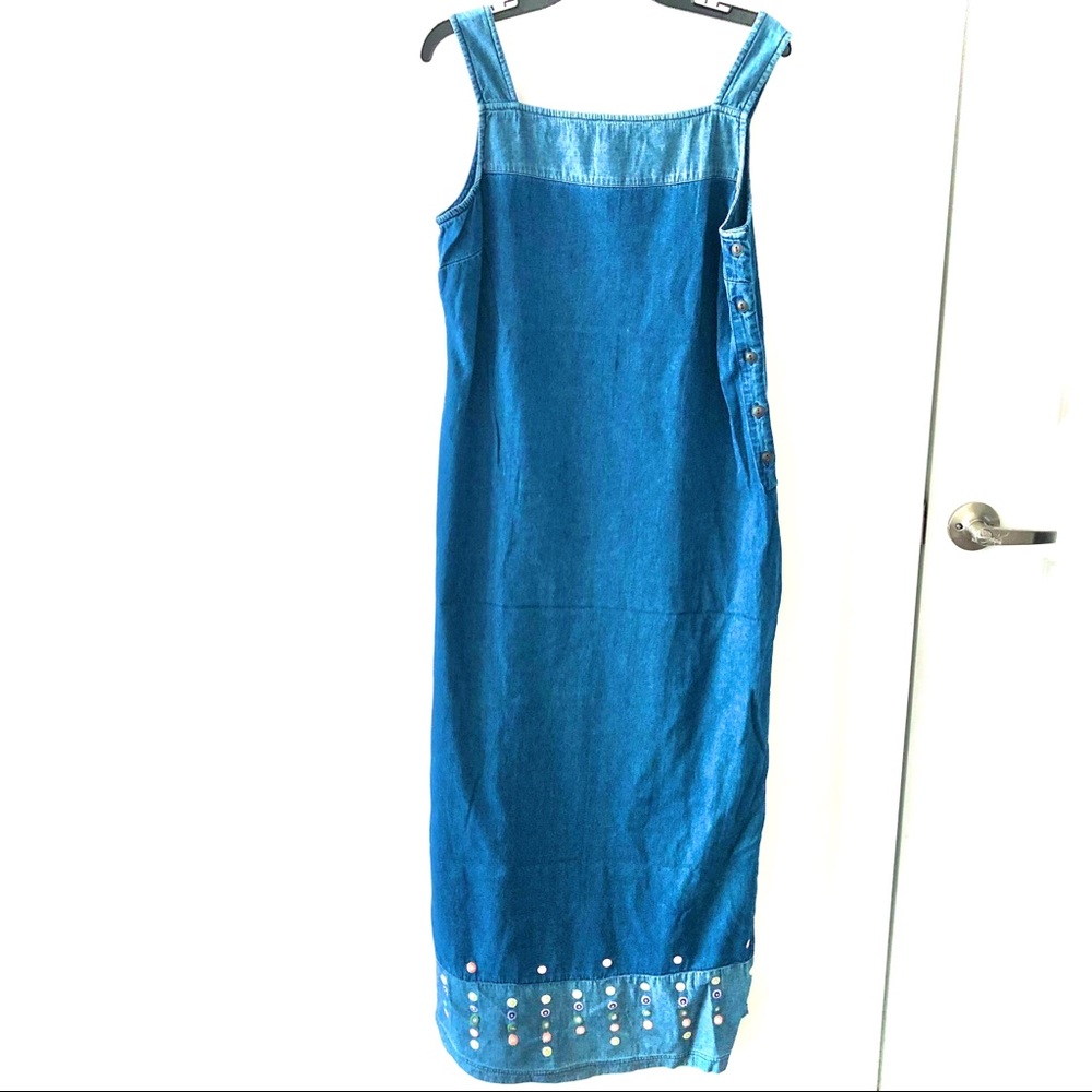 Chambray Jean Strap Dress with Embroidery/Buttons